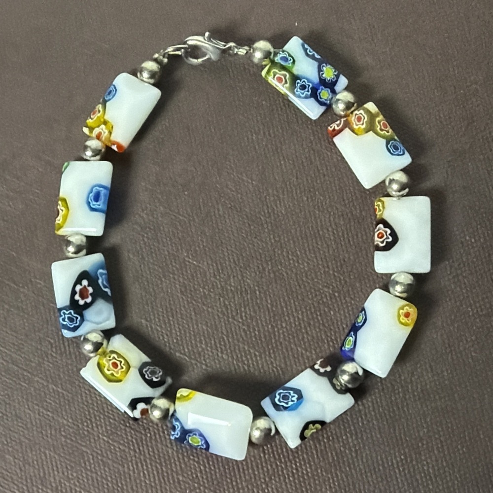 Murano Style Millefiori White Glass Beaded Silver Tone Bracelet